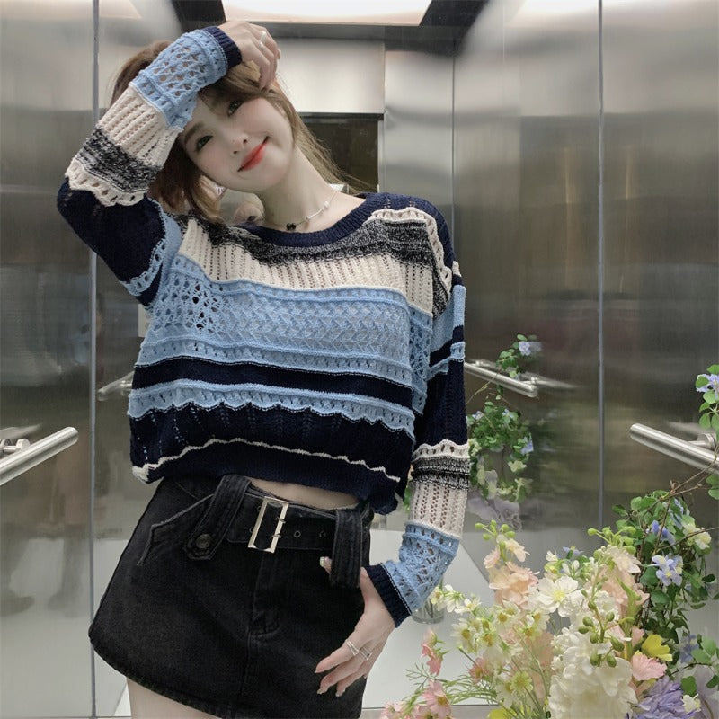 Women's Korean Style Contrast Color Cutout Knitted Top