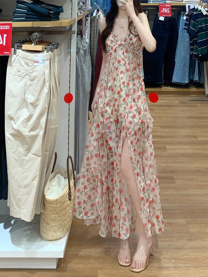 Women's Korean Style Ruffled Floral Slip Dress