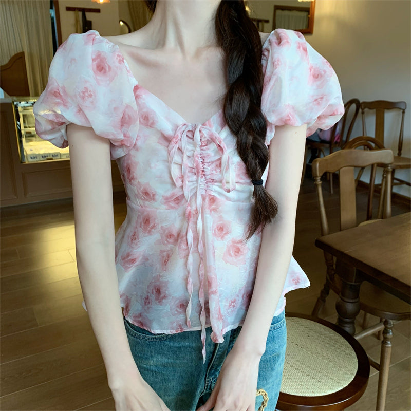 Camisa floral con cordón y mangas abullonadas de estilo coreano para mujer