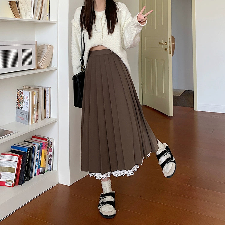 Falda larga plisada vintage de cintura alta para mujer