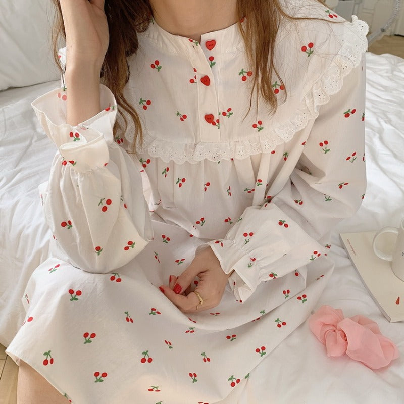 Women's Korean Style Round Collar Cherry Printed Pajama Set