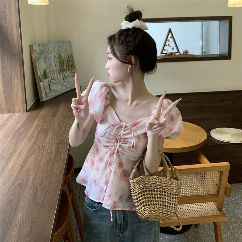 Camicia floreale da donna con coulisse e maniche a sbuffo in stile coreano