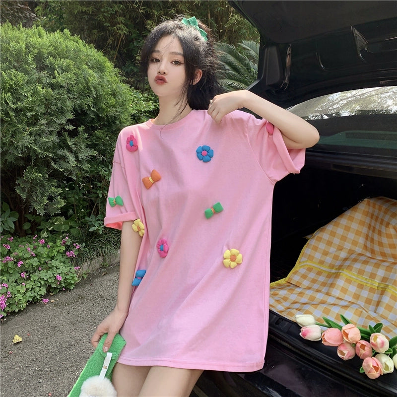 Women's Kawaii Colorful Floral Splice T-shirt