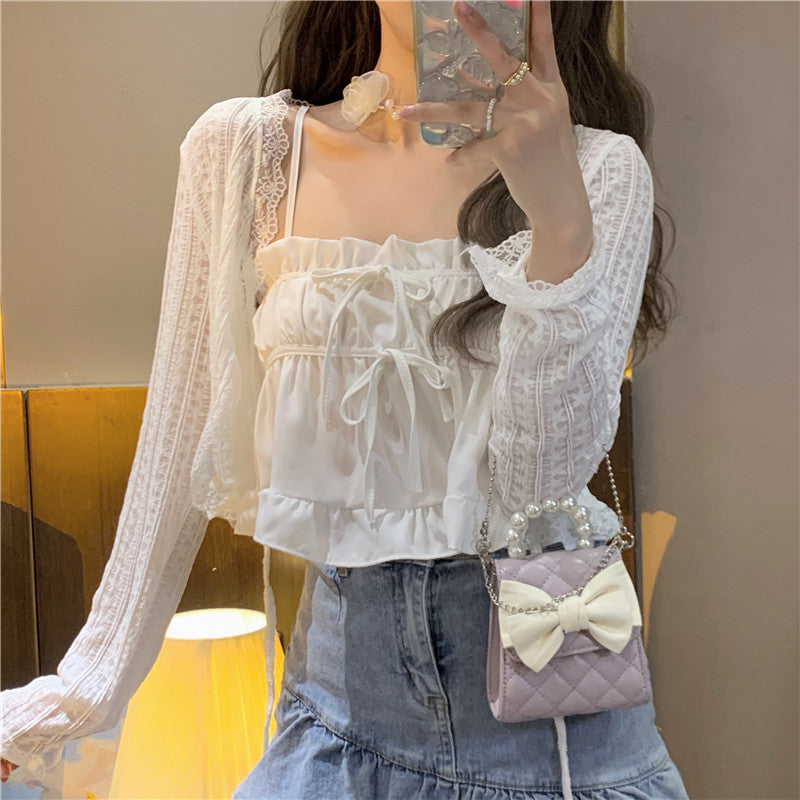 Women's Korean Style Strappy Ruffled Bustier with Cardigan