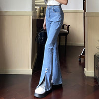 Damen-Hosen mit hohem Bund und ausgestelltem Schlitz im koreanischen Stil