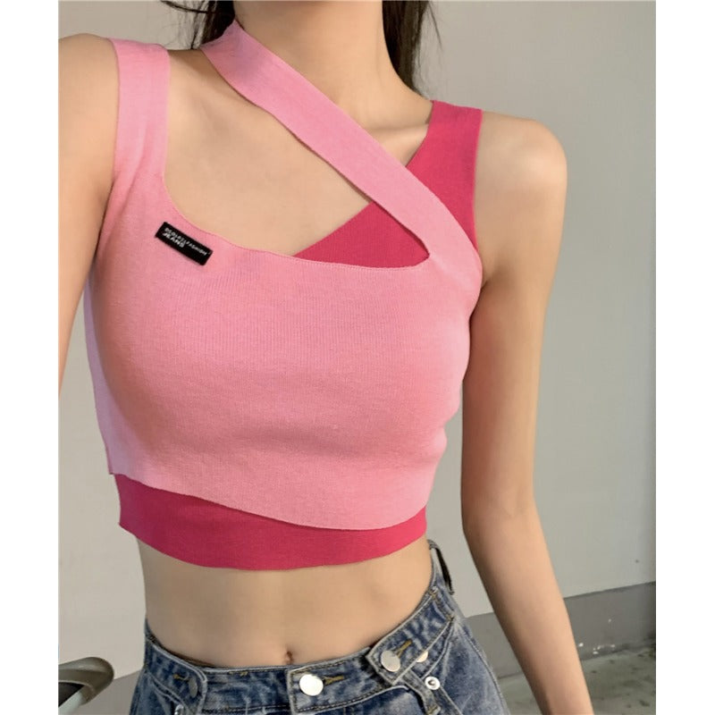 Women's Korean Style Irregular Contrast Color Knitted Tank Top