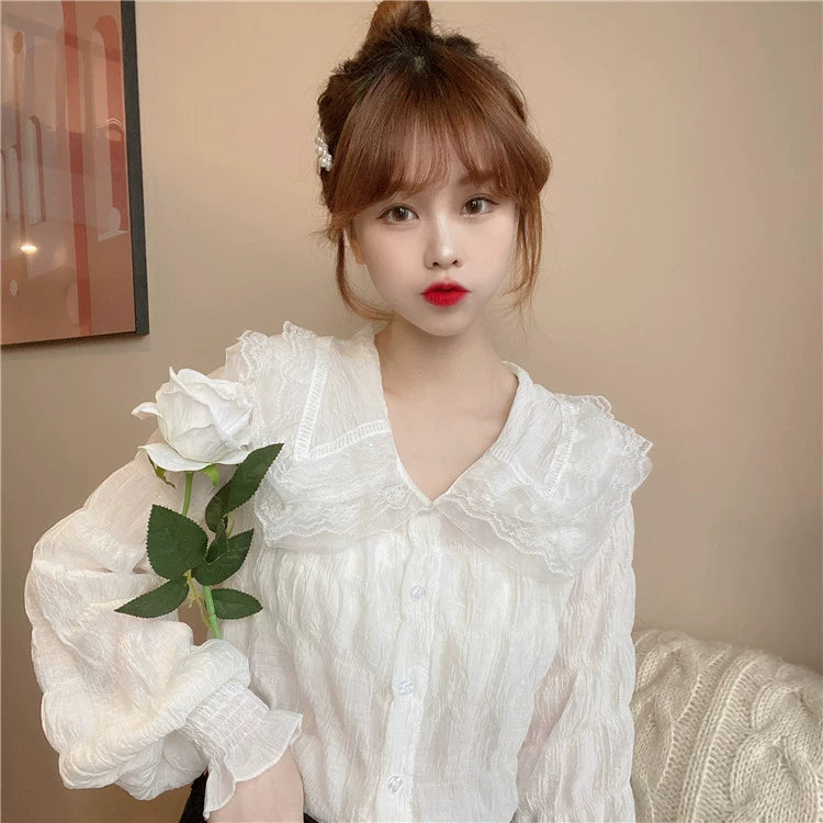 Camisa con volantes y cuello de muñeca de encaje estilo coreano para mujer