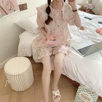 Pijama con volantes florales y cuello de muñeca Kawaii para mujer
