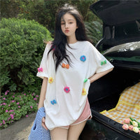 Camiseta con empalme floral colorido Kawaii para mujer