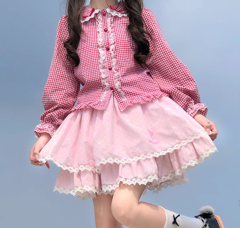 Chemise à carreaux avec ourlet en dentelle et col de poupée Lolita pour femmes