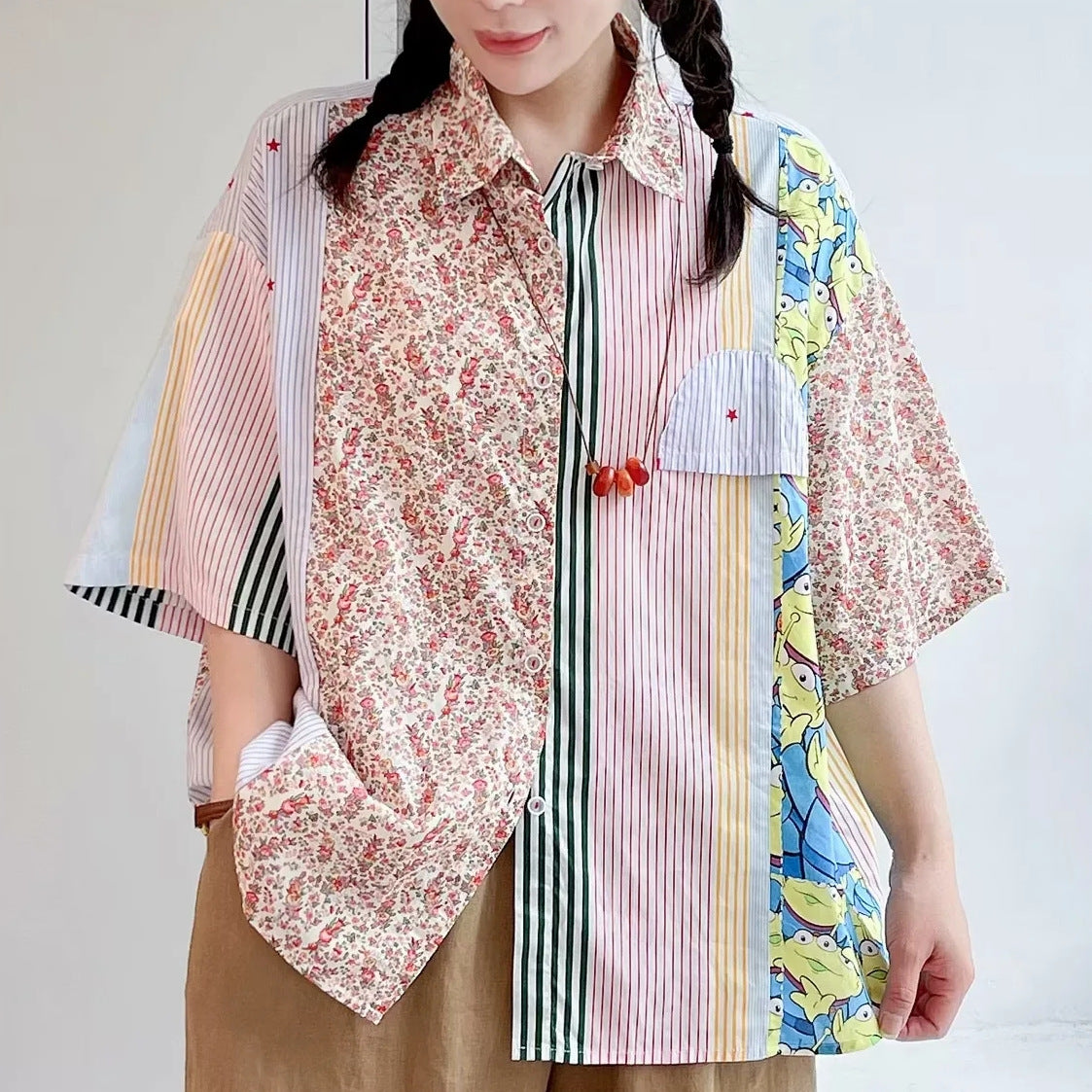 Camicia da donna a righe con colori a contrasto Harajuku