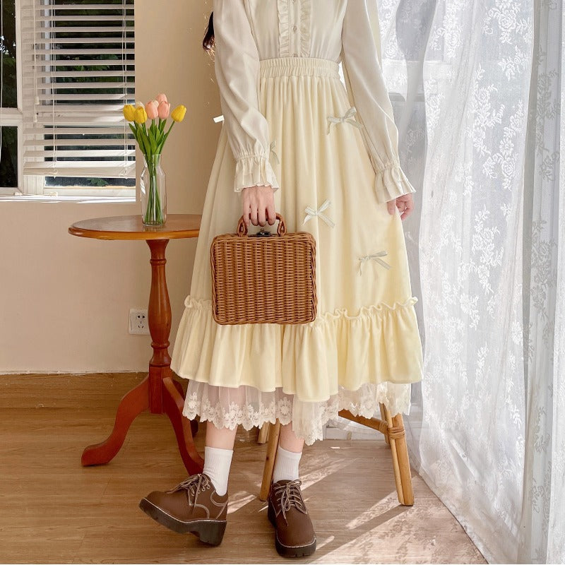 Women's Lolita High-waisted Lace Hem Bowknot Velvet Long Skirt