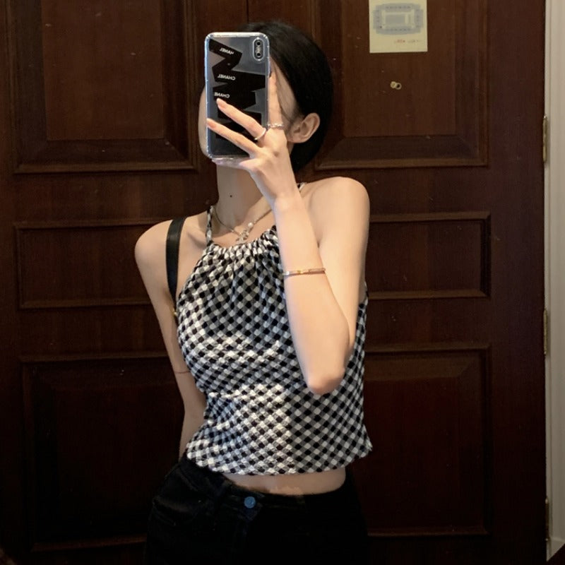 Camiseta sin mangas a cuadros con cordón de estilo coreano para mujer