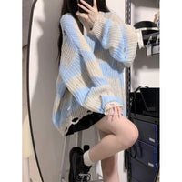 Женский длинный свитер в рваную полоску в корейском стиле