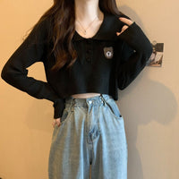 Haut court tricoté à manches longues brodé d'ours de Style coréen pour femmes
