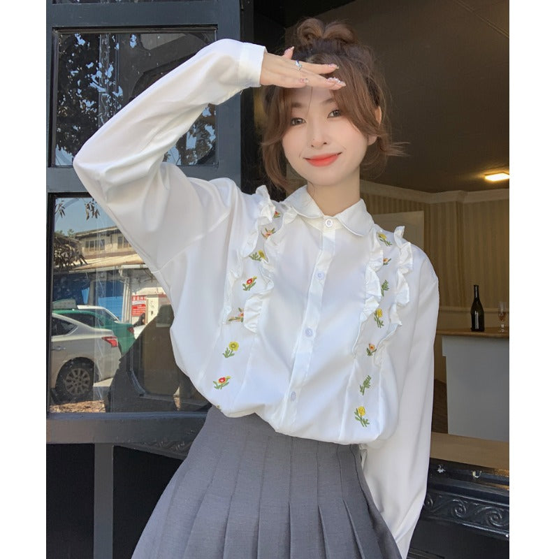 Camicia da donna con volant ricamata a fiori in stile coreano