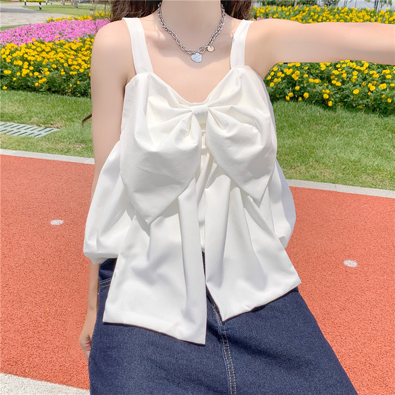 Camiseta sin mangas drapeada con lazo grande estilo coreano para mujer