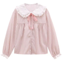 Women's Korean Style Doll Collar Lace-up Striped Shirt