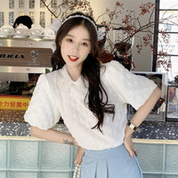 Женская футболка в корейском стиле с кукольным воротником и пышными рукавами