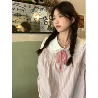 Camicia a righe con lacci con colletto a bambola in stile coreano da donna