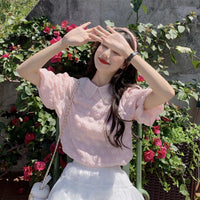 Camiseta con mangas abullonadas y cuello de muñeca de estilo coreano para mujer