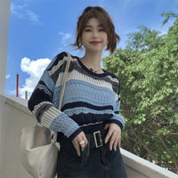 Damen-Strickoberteil im koreanischen Stil mit kontrastfarbenen Ausschnitten