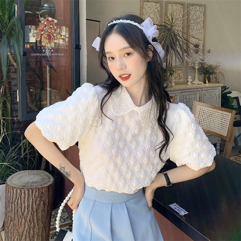 T-shirt à manches bouffantes et col de poupée de style coréen pour femmes