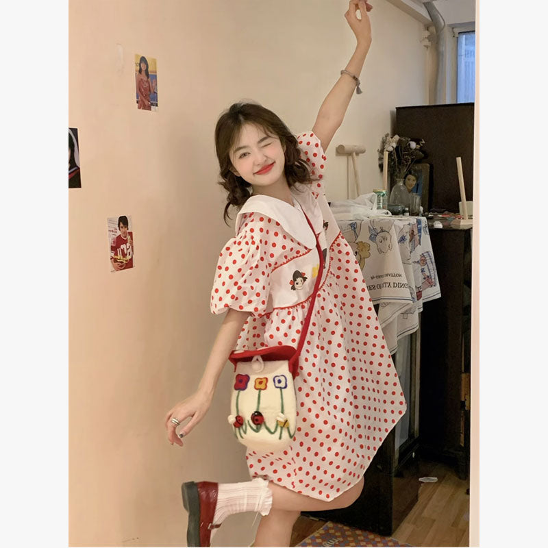 Женское свободное платье в горошек с кукольным воротником Kawaii