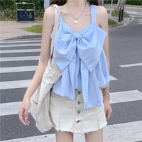 Camiseta sin mangas drapeada con lazo grande estilo coreano para mujer