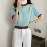Women's Korean Style Contrast Color Knitted T-shirt