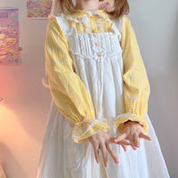 Chemise à carreaux avec ourlet en dentelle et col de poupée Lolita pour femmes