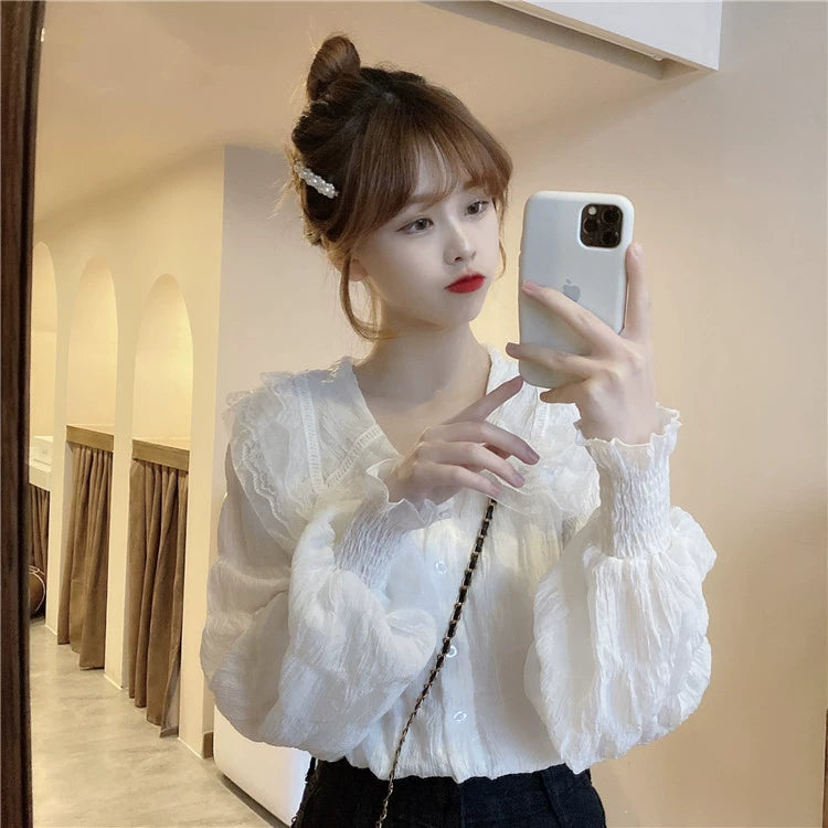 Camisa con volantes y cuello de muñeca de encaje estilo coreano para mujer