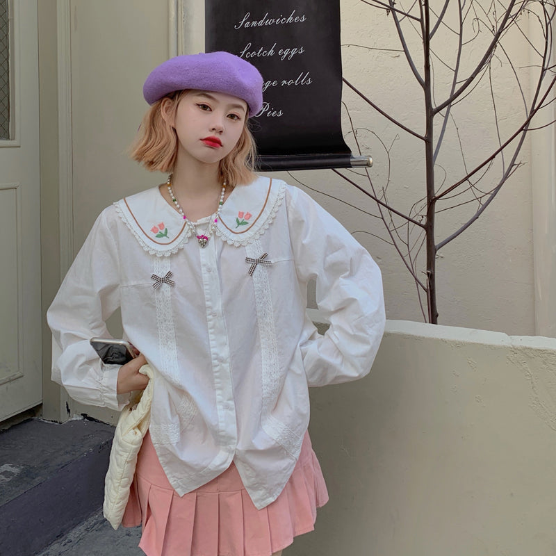 Женская рубашка с цветочной вышивкой и воротником-куклой Kawaii