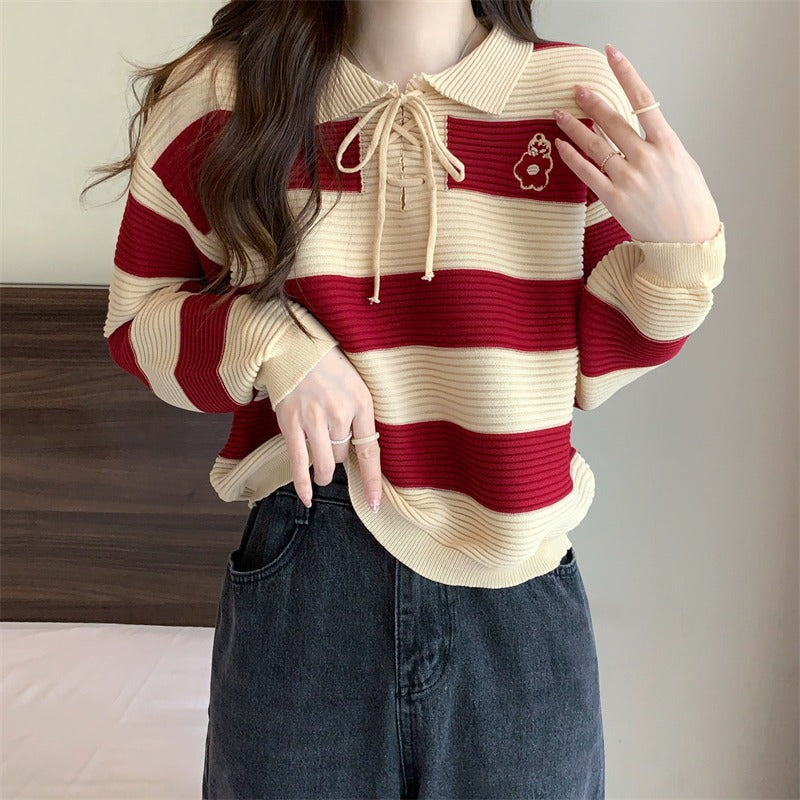 Women's Korean Style Polo Collar Striped Sweater