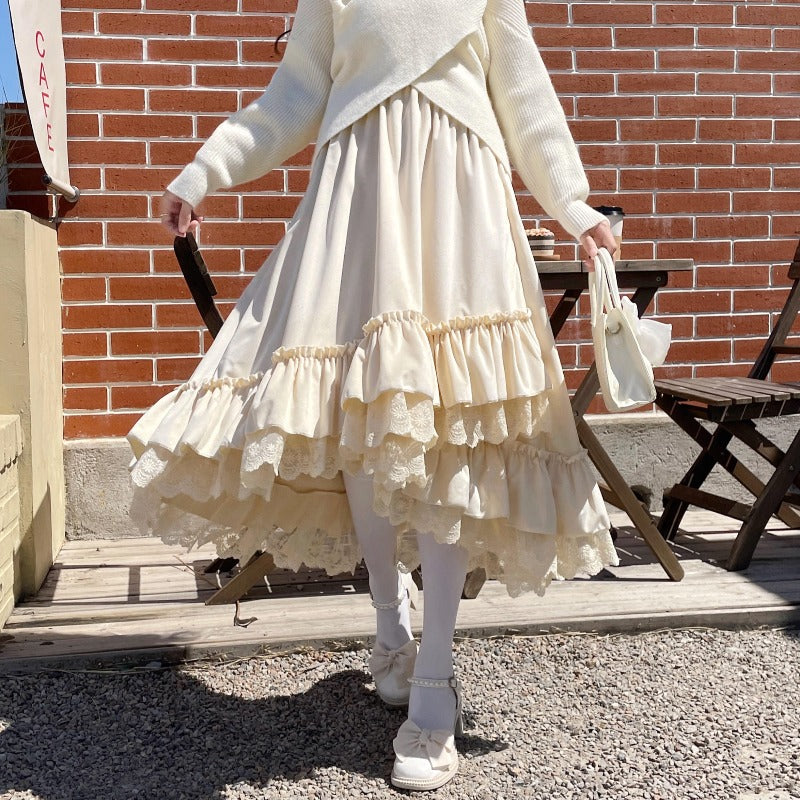 Falda de terciopelo en capas con dobladillo de encaje irregular estilo coreano para mujer