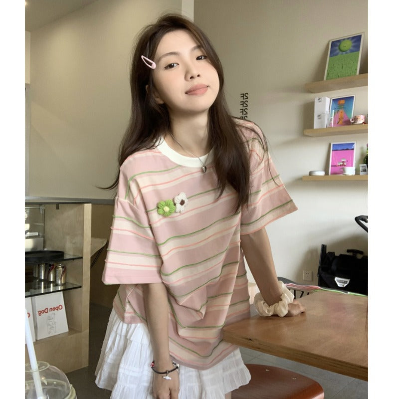 Женская трикотажная футболка в полоску с цветочным принтом Kawaii