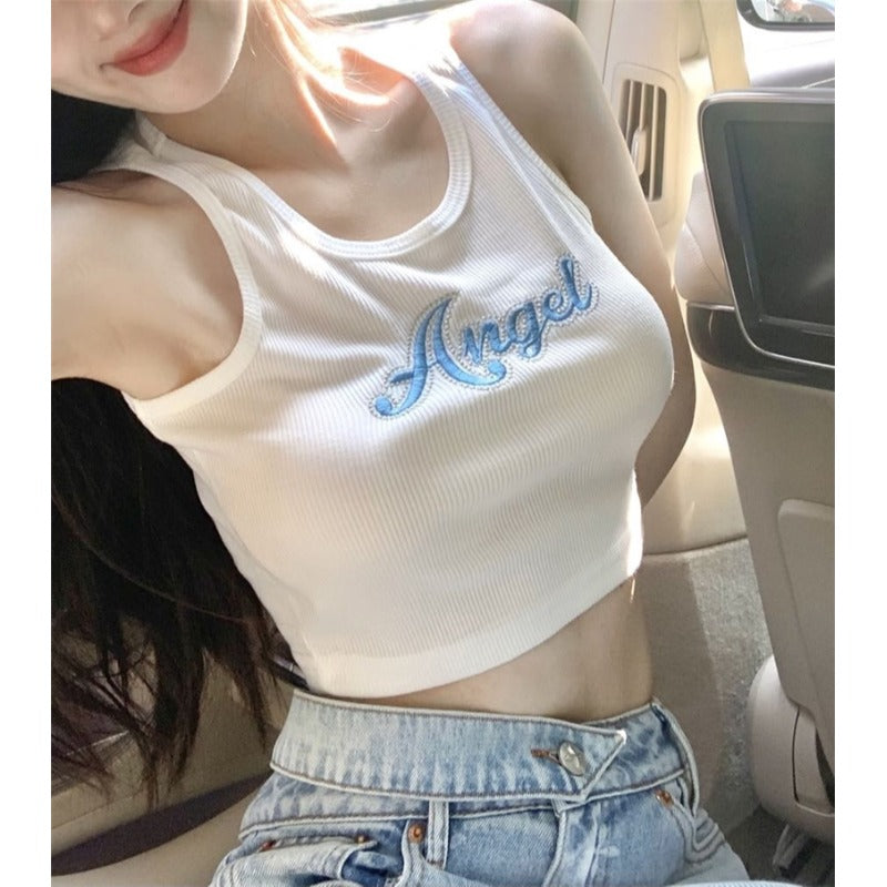 Camiseta sin mangas con bordado de letras de estilo coreano para mujer