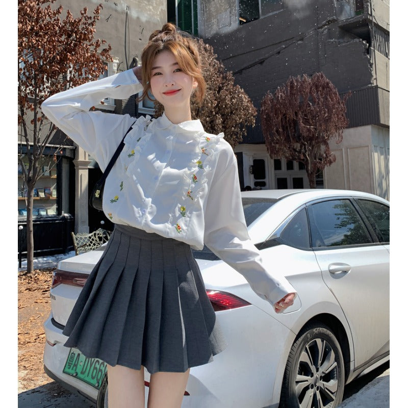 レディース韓国風フラワー刺繍フリルシャツ