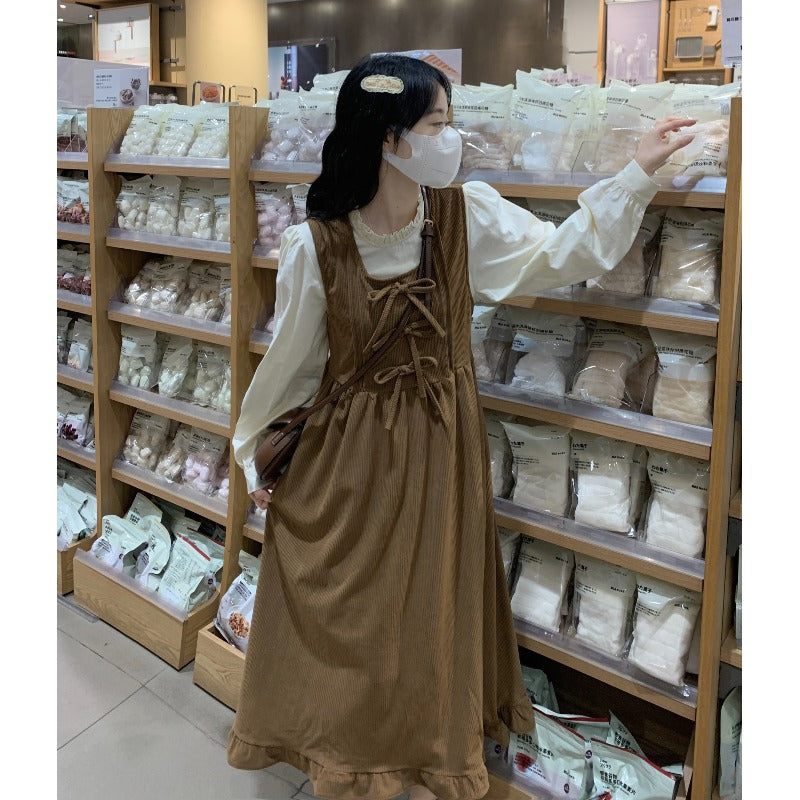 Falda con tirantes de pana con lazo de estilo coreano para mujer