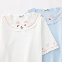 レディースかわいいセーラー襟猫 T シャツ