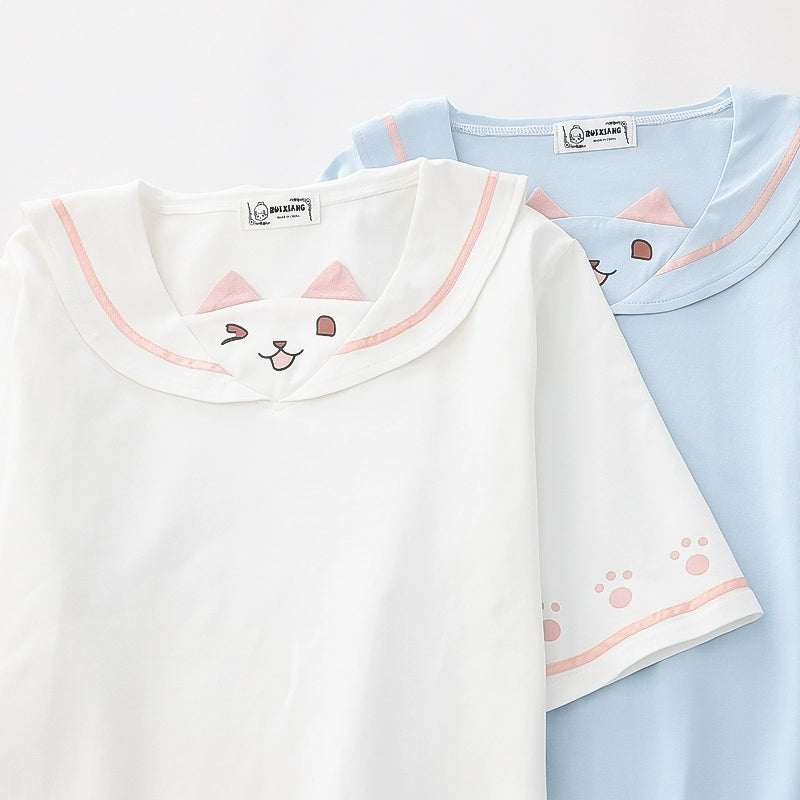 Women's Kawaii Sailor Collar Cat T-shirt