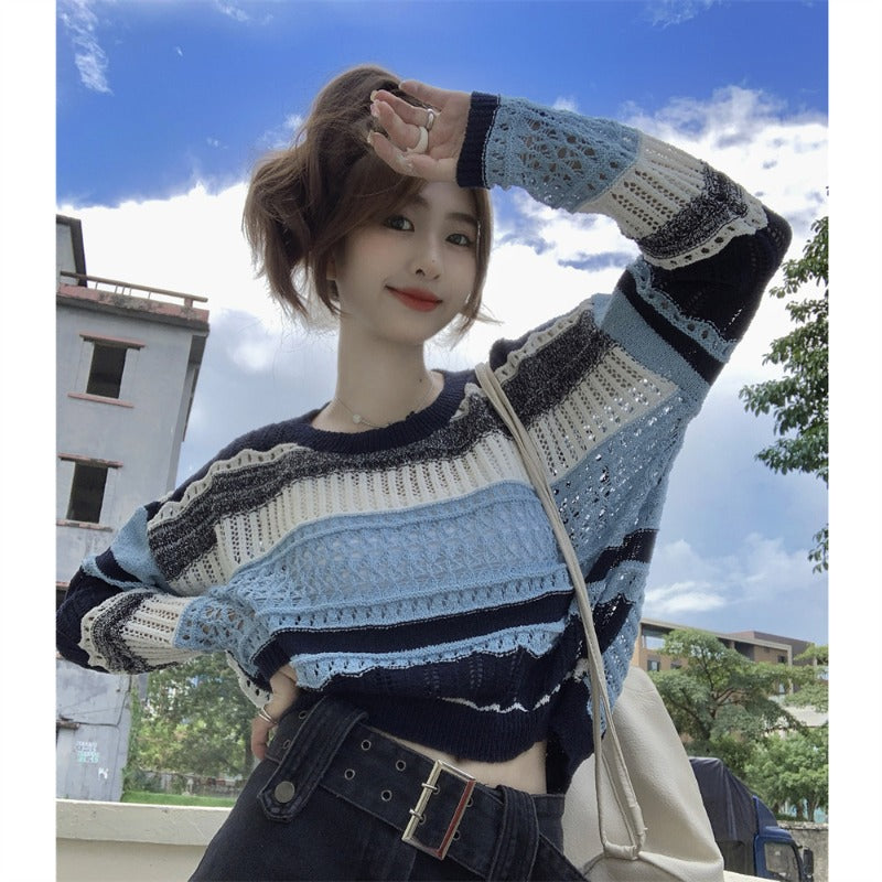 Haut tricoté à découpes de couleur contrastée de style coréen pour femmes