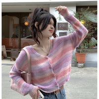 Cardigan court tricoté à rayures de style coréen pour femmes