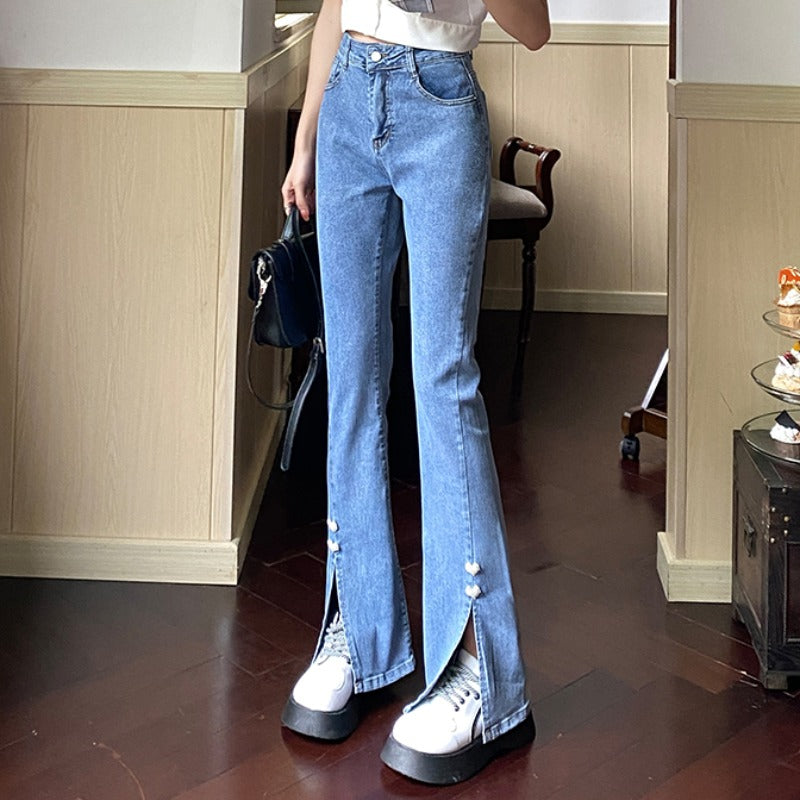 Pantalon évasé fendu taille haute de style coréen pour femmes