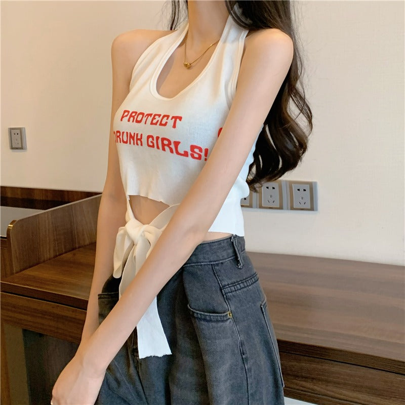 Camiseta sin mangas con cuello halter y tiras de estilo coreano para mujer