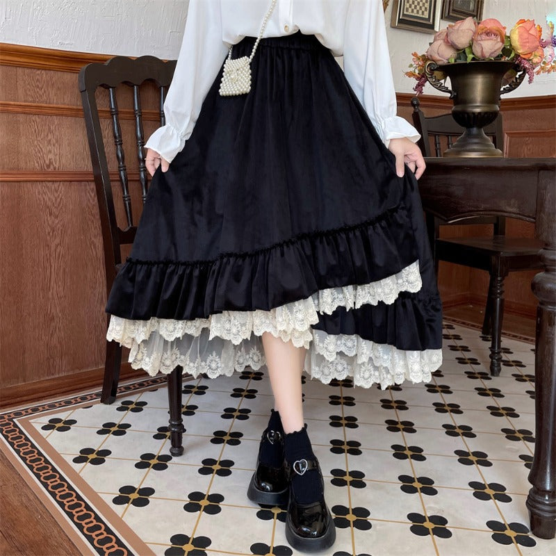 Women's Korean Style Irregular Lace Hem Layered Velvet Skirt