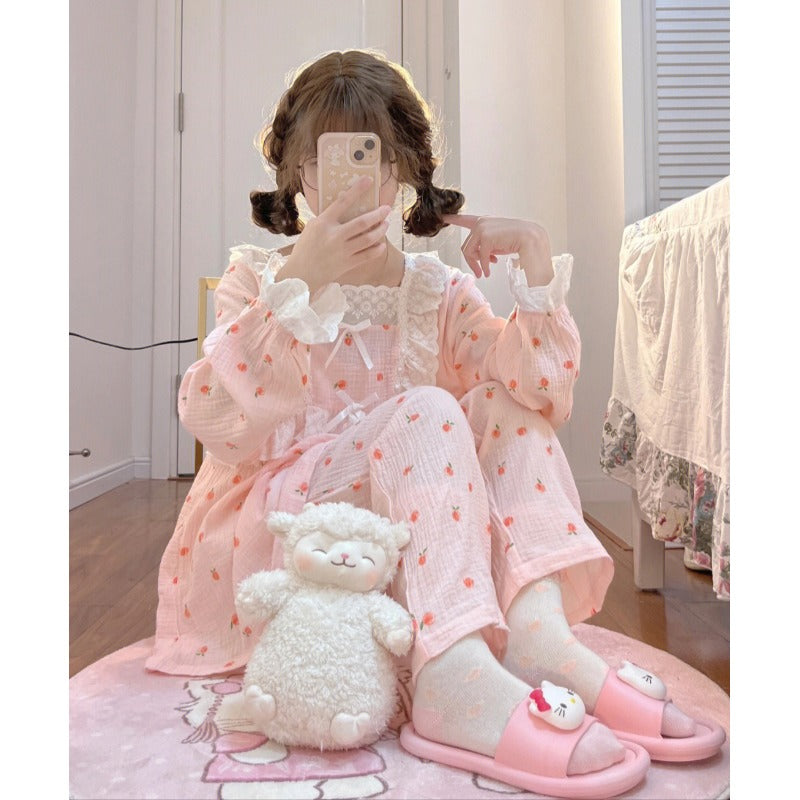 Damen-Pyjama-Set mit Kawaii-Schlagärmeln, pfirsichfarbenem Aufdruck
