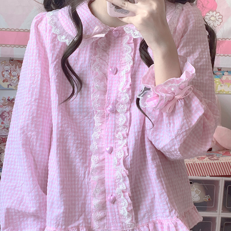 Women's Lolita Doll Collar Lace Hem Plaid Shirt
