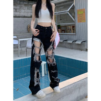 Pantalones rectos rasgados estilo coreano para mujer