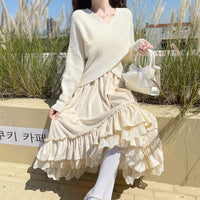 Jupe en velours superposée avec ourlet en dentelle irrégulière de style coréen pour femmes